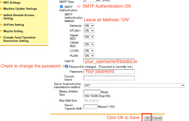 Configuring Botdoc SMTP on Konica Minolta Bizhub C458