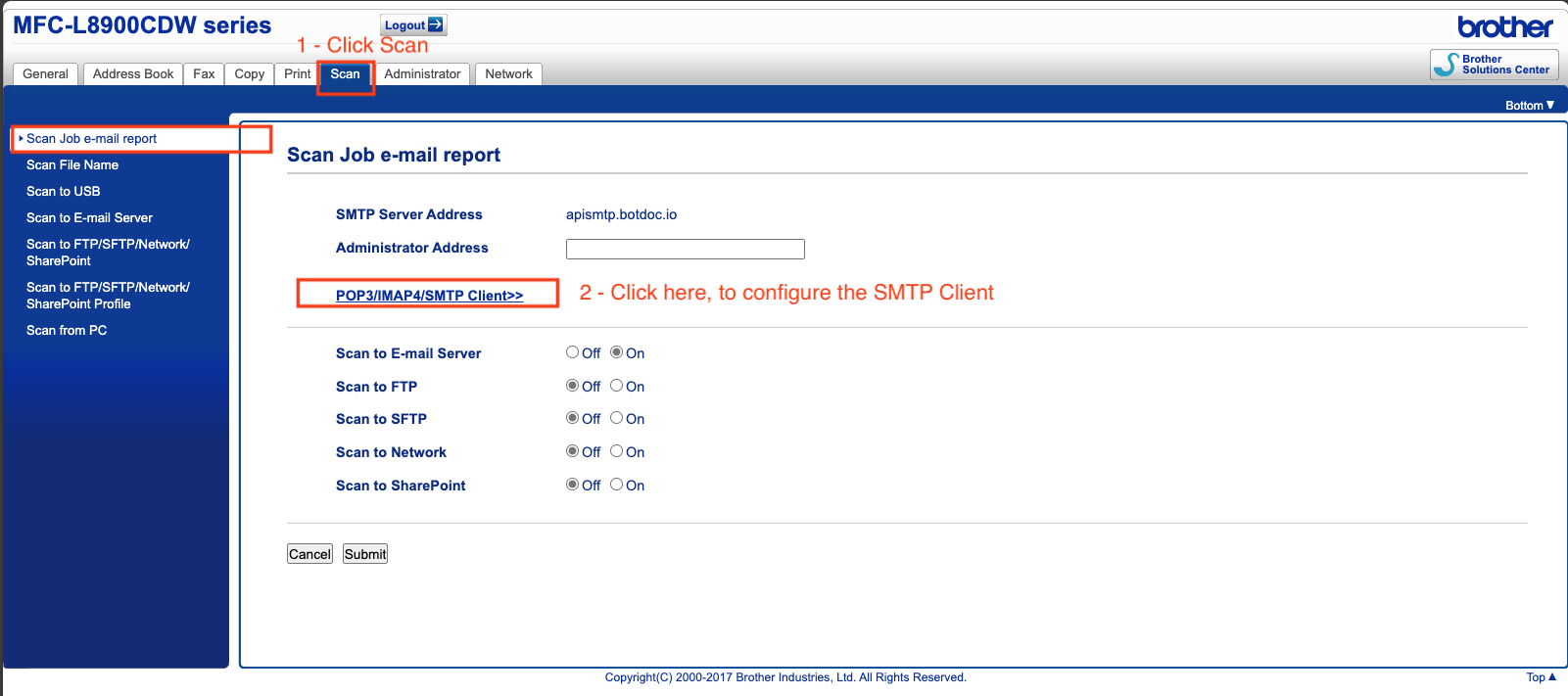 Configuring Botdoc SMTP on Brother MFC-L8900CDW Series