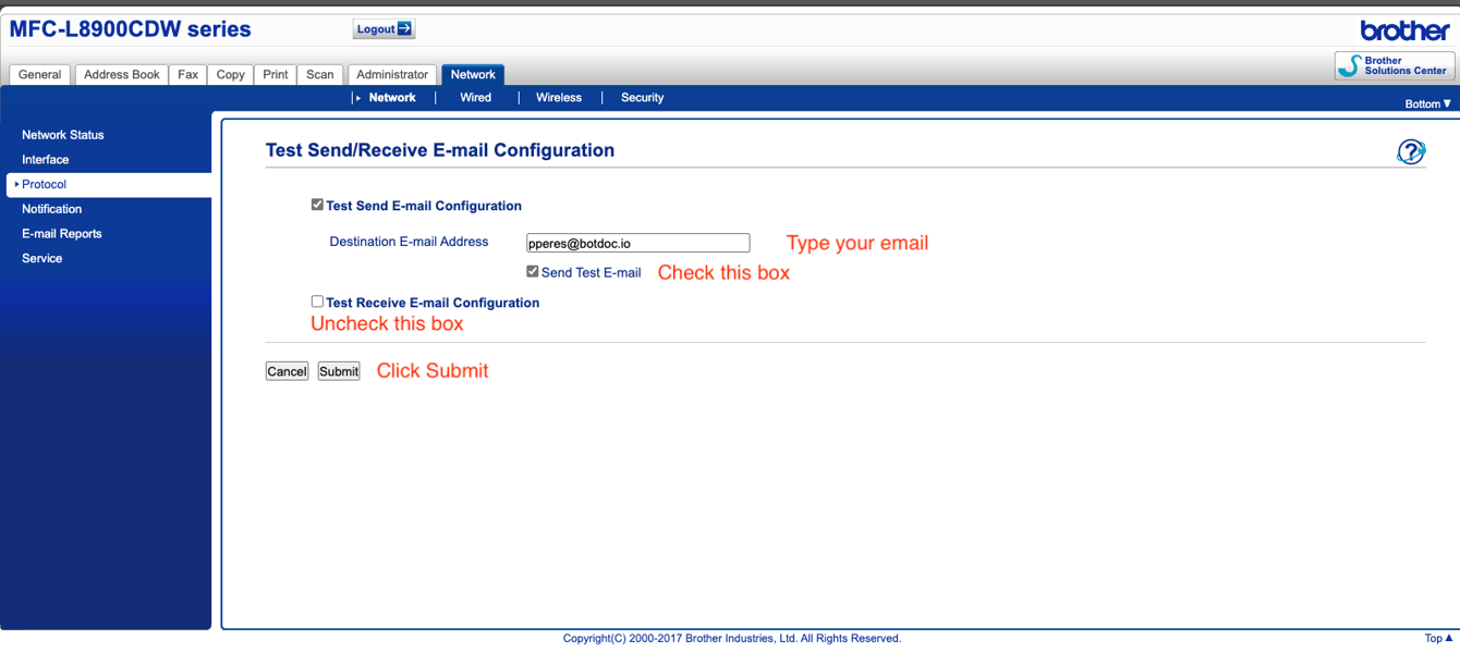 Configuring Botdoc SMTP on Brother MFC-L8900CDW Series