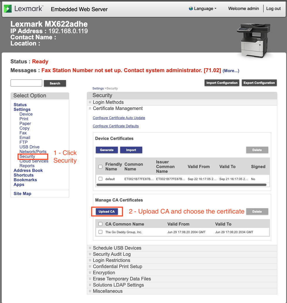 Configuring Botdoc SMTP on Lexmark MFP (MX622adhe)