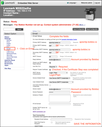 Configuring Botdoc SMTP on Lexmark MFP (MX622adhe)