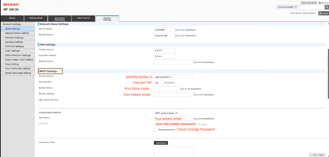 Configuring Botdoc SMTP on Sharp BP-50C26