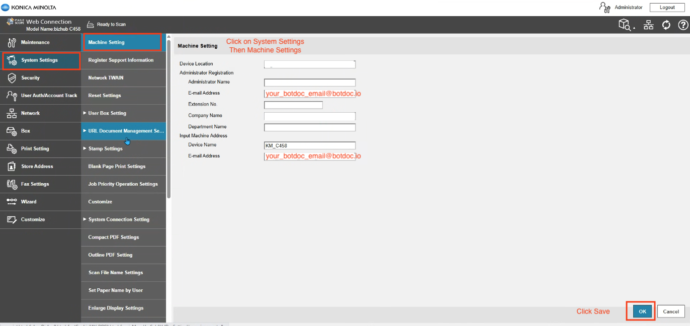 Configuring Botdoc SMTP on Konica Minolta Bizhub C458