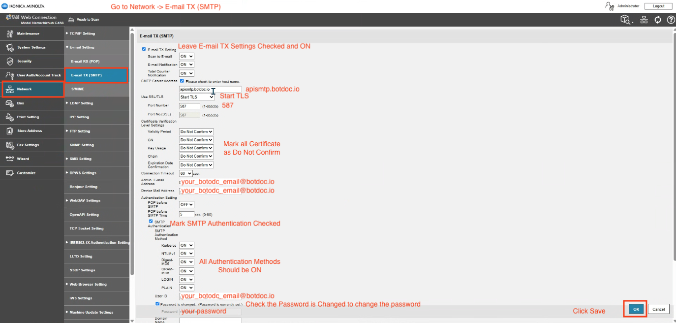 Configuring Botdoc SMTP on Konica Minolta Bizhub C458