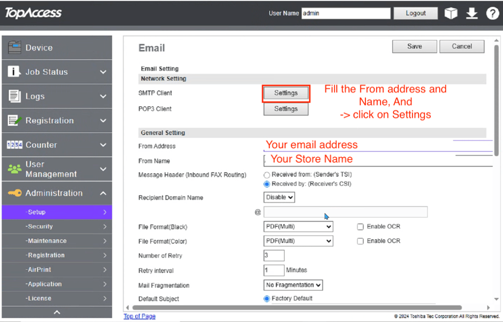 Configuring Botdoc SMTP on Toshiba e-STUDIO MFP (TopAccess)