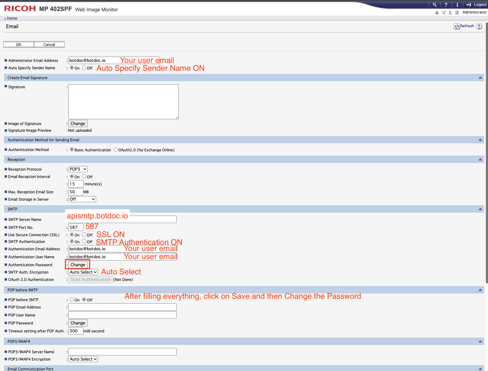 Configuring Botdoc SMTP on Ricoh MFP (MP Series)