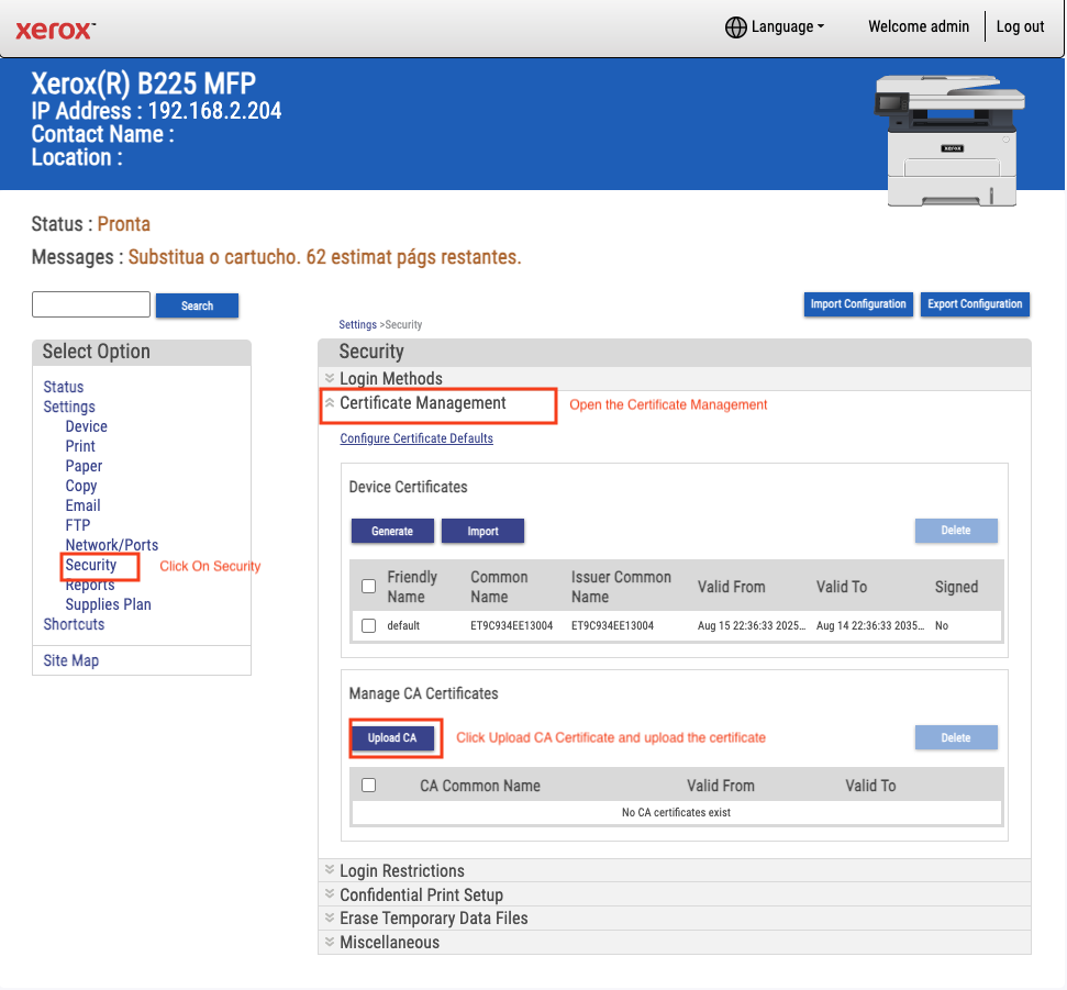 Configuring Botdoc SMTP on Xerox B225 MFP